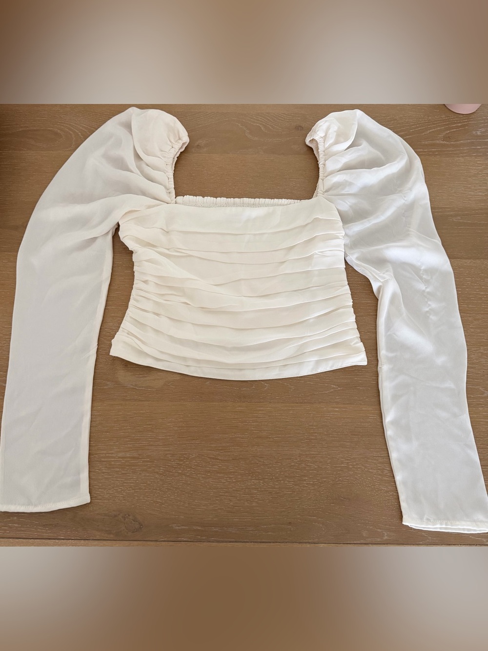 Abercrombie & Fitch White Ruched Square Neck Long Sleeve Puff Shoulder Crop Top